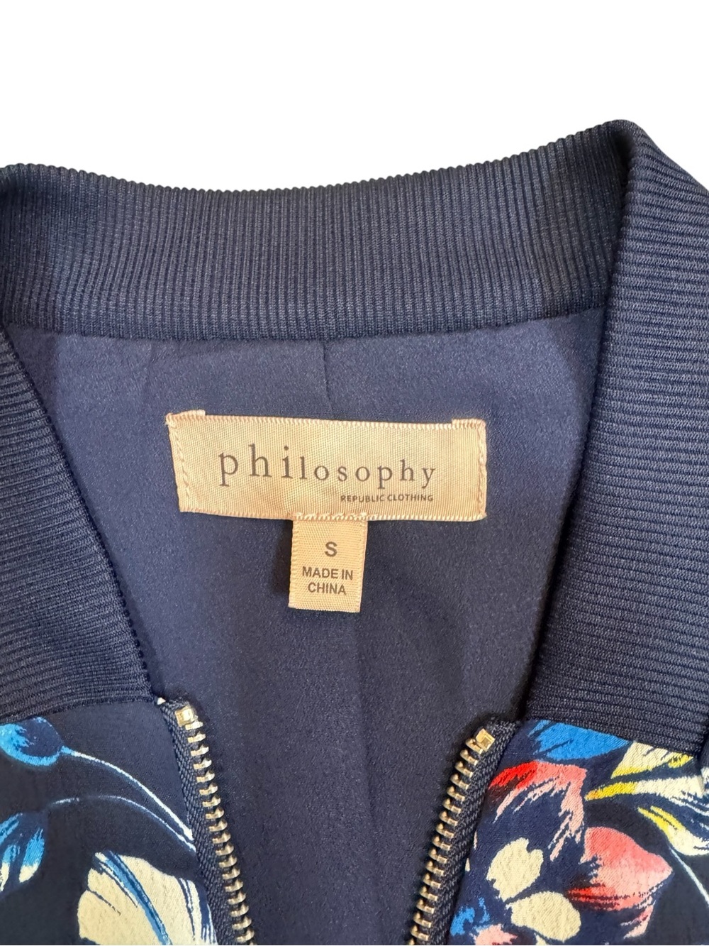 Philosophy Floral Bomber Jacket Size Small Navy Zip Front Lightweight - Picture 2 of 9